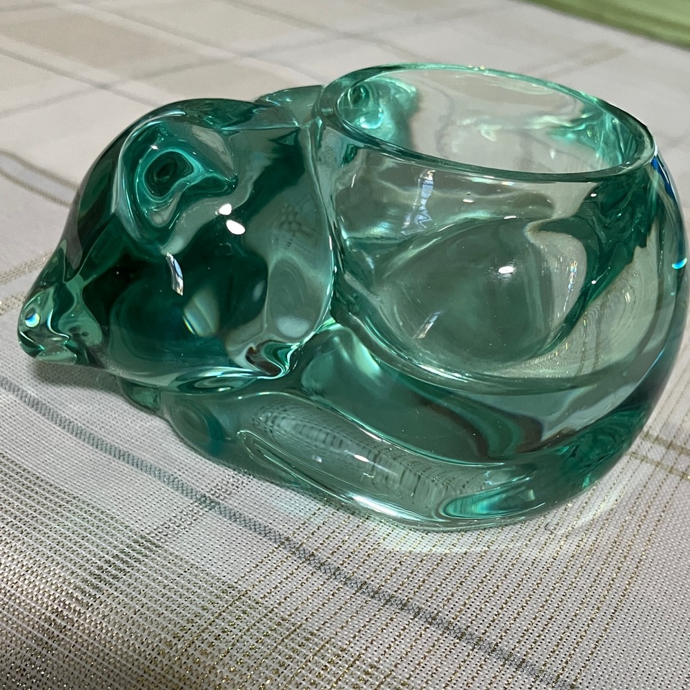 Vintage Sleeping Kitten Indiana Glass Co Teal Green Translucent Votive Holder - Picture 3 of 11